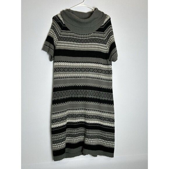 CATO Sweater Dress Short Sleeve Cowl Neck Black Gray White Fitted Women's Large - Picture 1 of 5